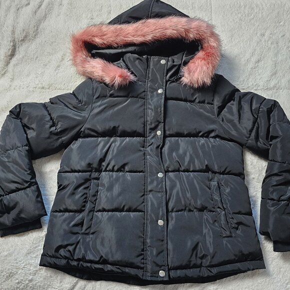 Forever 21 Black Puffer Jacket with Removeable Oversized Pink Faux Fur Hood L - Picture 1 of 7